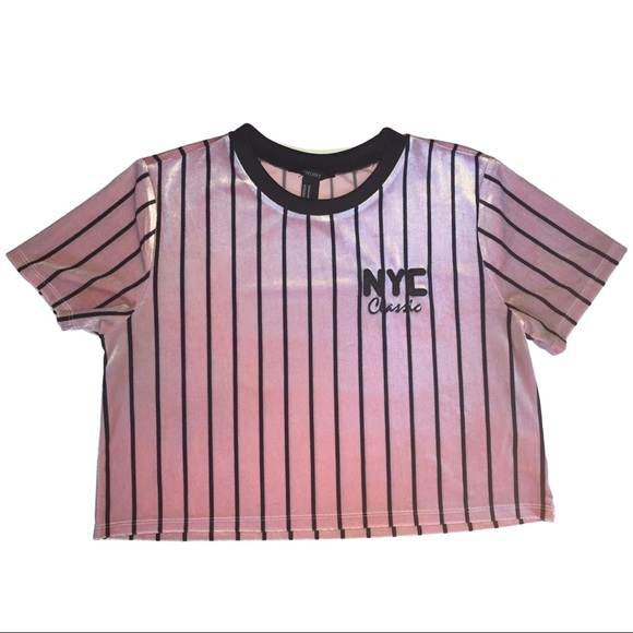 Forever 21 NYC Classic Pink Black Striped Velvet Graphic Tee - Picture 3 of 3